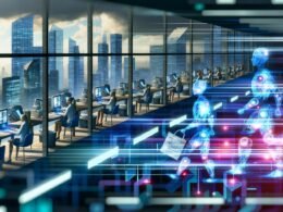 Futuristische Stadt mit Hochhäusern, Menschen an digitalen Arbeitsstationen, humanoiden Robotern und visualisierten KI-Algorithmen, die produktiv zusammenarbeiten.