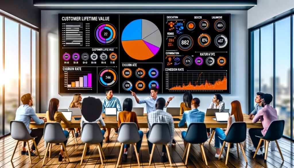 Modernes, aufgeräumtes Büro mit jungen Marketern und Analysten, die an Laptops arbeiten und auf bunte Daten-Dashboards sowie KPI-Grafiken wie Churn Rate zeigen. Im Vordergrund ein Whiteboard mit Fachbegriffen der digitalen Analyse.