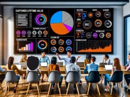 Modernes, aufgeräumtes Büro mit jungen Marketern und Analysten, die an Laptops arbeiten und auf bunte Daten-Dashboards sowie KPI-Grafiken wie Churn Rate zeigen. Im Vordergrund ein Whiteboard mit Fachbegriffen der digitalen Analyse.
