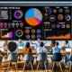 Modernes, aufgeräumtes Büro mit jungen Marketern und Analysten, die an Laptops arbeiten und auf bunte Daten-Dashboards sowie KPI-Grafiken wie Churn Rate zeigen. Im Vordergrund ein Whiteboard mit Fachbegriffen der digitalen Analyse.