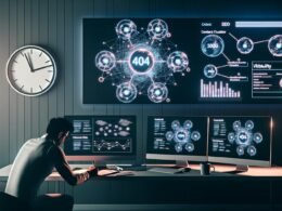 Digitaler Schreibtisch mit Monitoren voller SEO-Tools, leuchtende Diagramme und Content-Cluster-Maps, eine Person arbeitet konzentriert mit Notizbuch und Tablet, im Hintergrund ein subtil eingeblendetes 404-Logo.