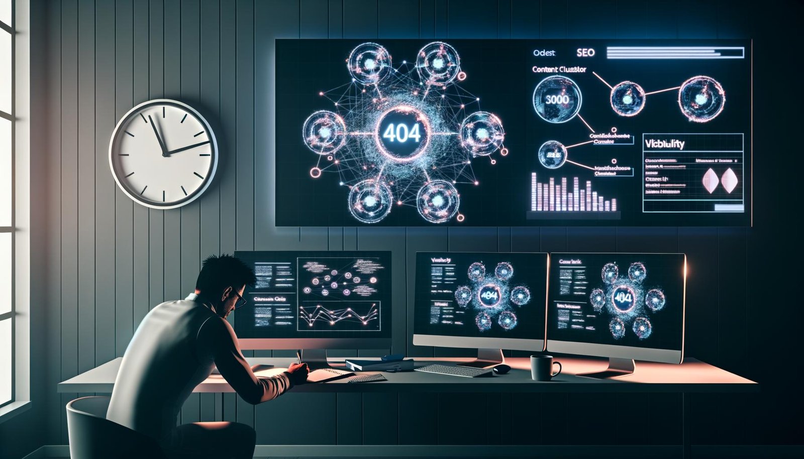Digitaler Schreibtisch mit Monitoren voller SEO-Tools, leuchtende Diagramme und Content-Cluster-Maps, eine Person arbeitet konzentriert mit Notizbuch und Tablet, im Hintergrund ein subtil eingeblendetes 404-Logo.