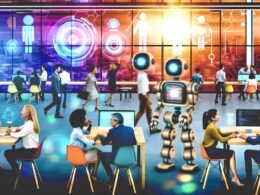 Vielfältiges Team arbeitet gemeinsam mit Robotern und modernen Technologien in einem innovativen Büro mit digitalen Anzeigen und holografischen Interfaces.