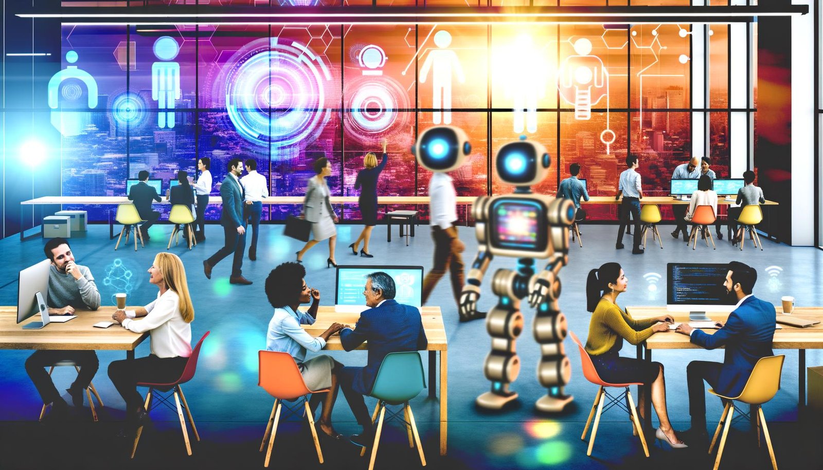 Vielfältiges Team arbeitet gemeinsam mit Robotern und modernen Technologien in einem innovativen Büro mit digitalen Anzeigen und holografischen Interfaces.