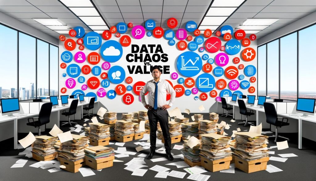 Gestresste Marketing-Managerin inmitten eines chaotischen Großraumbüros mit überfüllten Dashboards und Datenquellen.