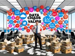 Gestresste Marketing-Managerin inmitten eines chaotischen Großraumbüros mit überfüllten Dashboards und Datenquellen.