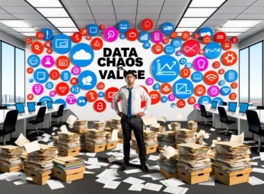 Gestresste Marketing-Managerin inmitten eines chaotischen Großraumbüros mit überfüllten Dashboards und Datenquellen.