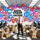 Gestresste Marketing-Managerin inmitten eines chaotischen Großraumbüros mit überfüllten Dashboards und Datenquellen.