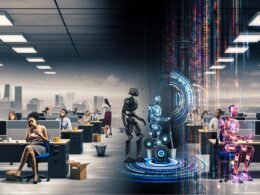 Düsteres Großraumbüro mit besorgten Menschen gegenüber glänzenden Robotern, digitaler Riss trennt die beiden Seiten, Hintergrund mit Übergang von klassischen zu futuristischen Bürogebäuden.