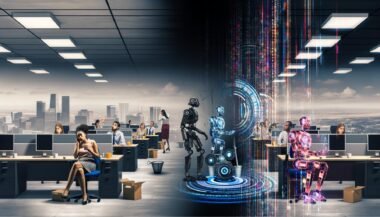 Düsteres Großraumbüro mit besorgten Menschen gegenüber glänzenden Robotern, digitaler Riss trennt die beiden Seiten, Hintergrund mit Übergang von klassischen zu futuristischen Bürogebäuden.