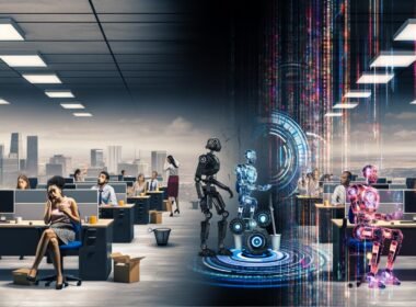 Düsteres Großraumbüro mit besorgten Menschen gegenüber glänzenden Robotern, digitaler Riss trennt die beiden Seiten, Hintergrund mit Übergang von klassischen zu futuristischen Bürogebäuden.