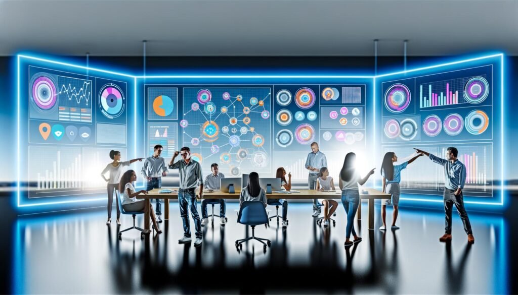 Lichtdurchflutetes, modernes Büro mit mehreren großen Screens, die bunte CRM-Dashboards, Graphen und Analysen zeigen. Im Vordergrund diskutieren Marketer:innen, Data Scientists und Sales-Manager:innen, während im Hintergrund digitale Verbindungen verschiedene Kanäle symbolisieren.