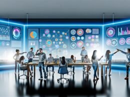 Lichtdurchflutetes, modernes Büro mit mehreren großen Screens, die bunte CRM-Dashboards, Graphen und Analysen zeigen. Im Vordergrund diskutieren Marketer:innen, Data Scientists und Sales-Manager:innen, während im Hintergrund digitale Verbindungen verschiedene Kanäle symbolisieren.