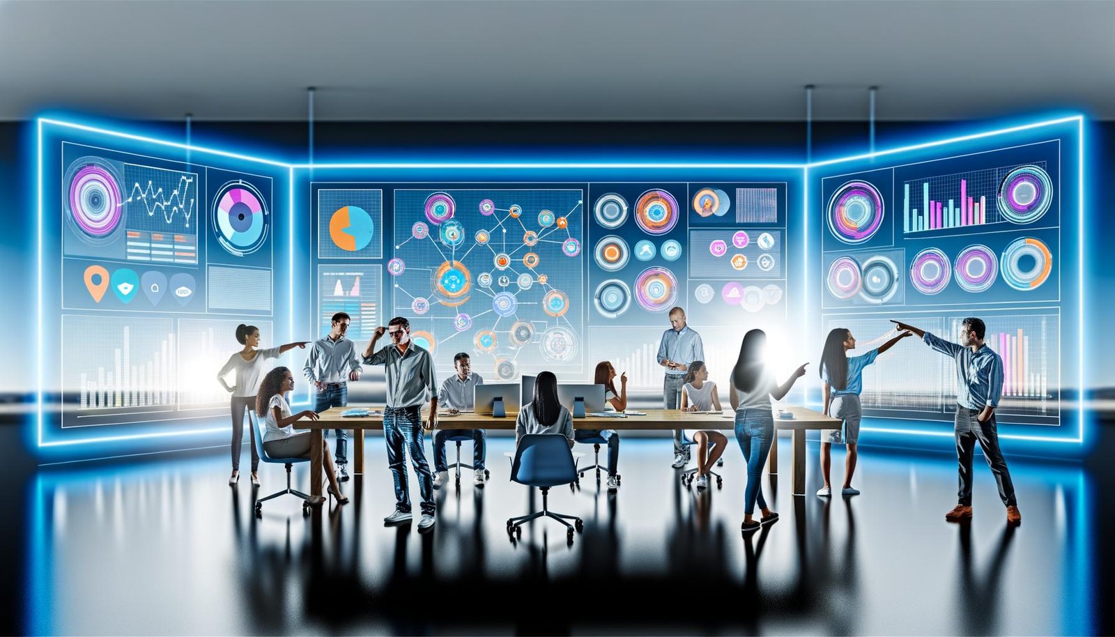 Lichtdurchflutetes, modernes Büro mit mehreren großen Screens, die bunte CRM-Dashboards, Graphen und Analysen zeigen. Im Vordergrund diskutieren Marketer:innen, Data Scientists und Sales-Manager:innen, während im Hintergrund digitale Verbindungen verschiedene Kanäle symbolisieren.