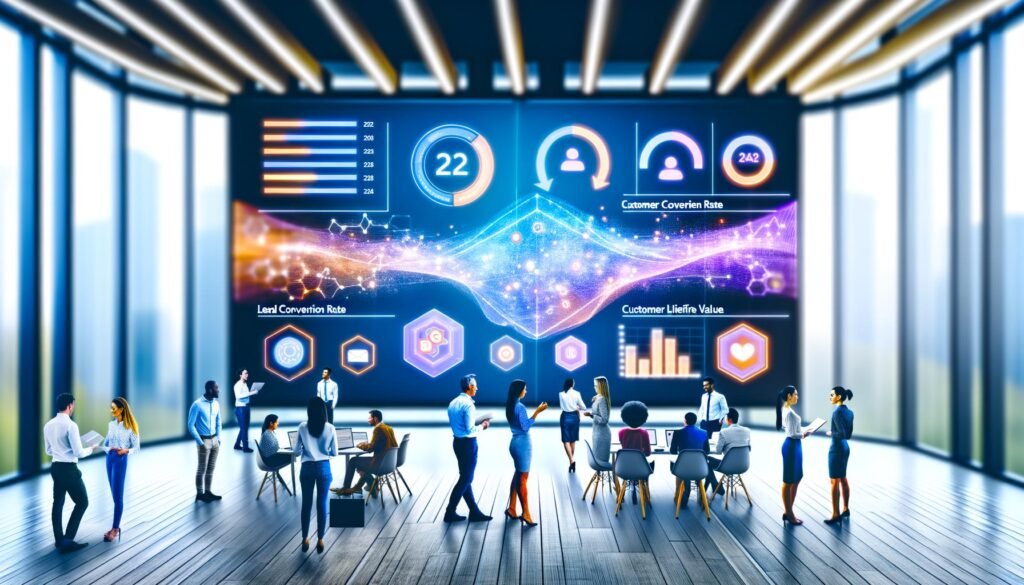Business-Team analysiert digitale CRM-Kennzahlen und Heatmaps in moderner, stylischer Büroumgebung mit Datenströmen aus verschiedenen Quellen.