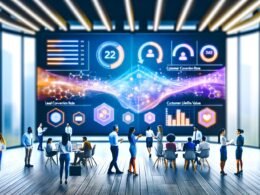 Business-Team analysiert digitale CRM-Kennzahlen und Heatmaps in moderner, stylischer Büroumgebung mit Datenströmen aus verschiedenen Quellen.