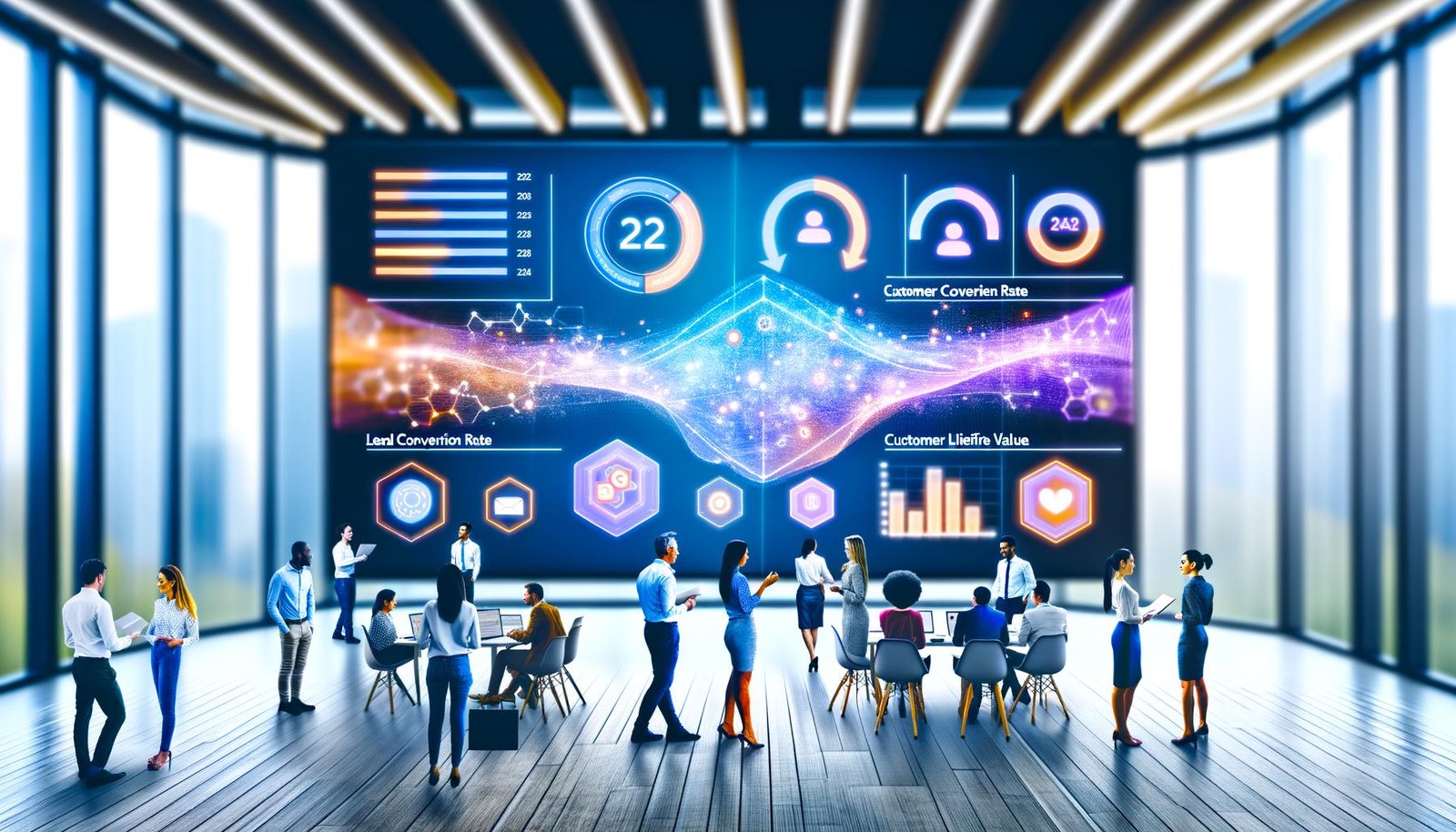 Business-Team analysiert digitale CRM-Kennzahlen und Heatmaps in moderner, stylischer Büroumgebung mit Datenströmen aus verschiedenen Quellen.