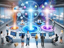 Vogelperspektive auf ein modernes Büro mit Digital-Marketing-Team, das vor großformatigen Dashboards und leuchtenden Datenvisualisierungen aus einem CRM steht. Verschiedene digitale Geräte und bunte Datenströme verbinden Marketingkanäle miteinander.