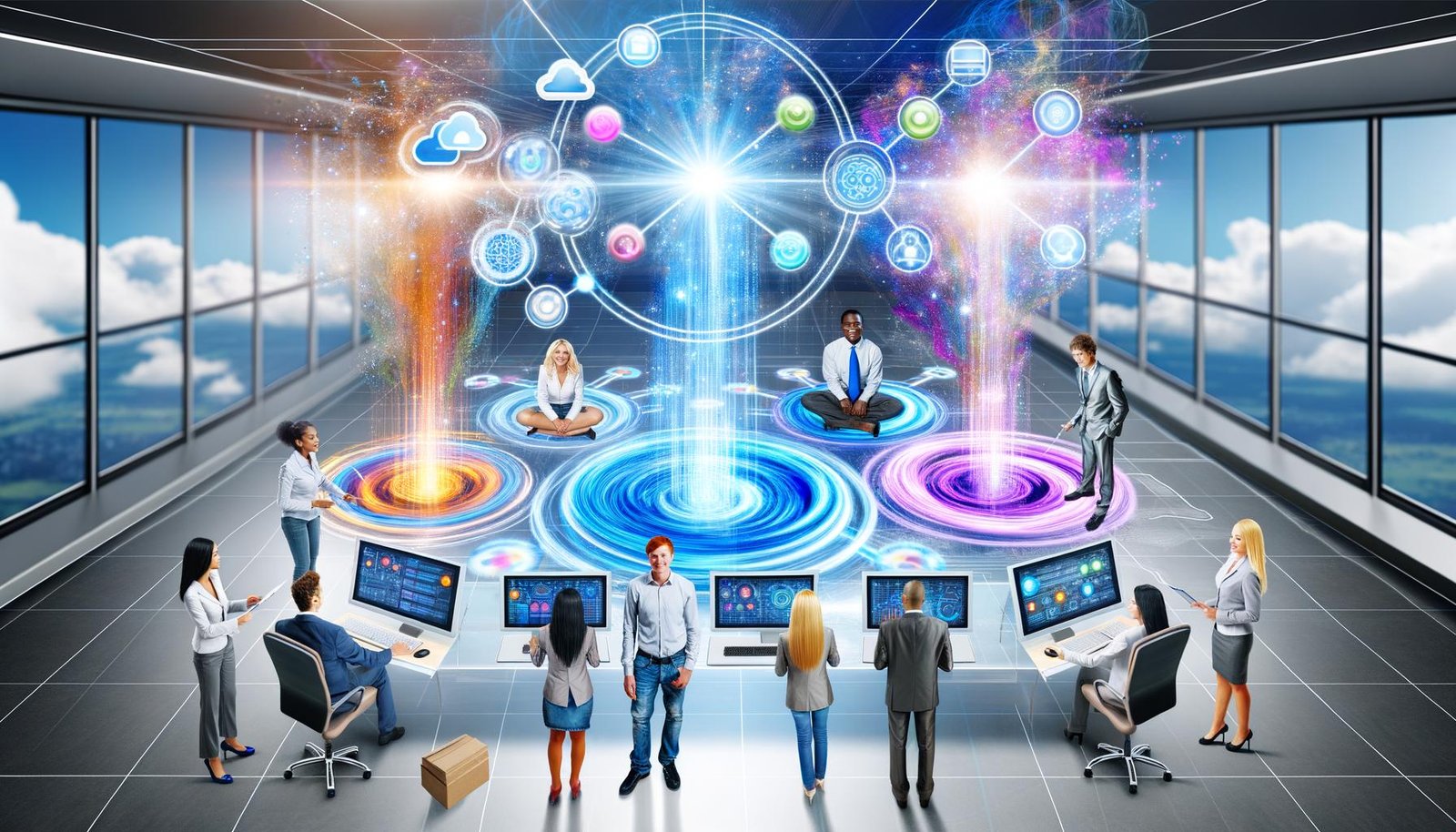Vogelperspektive auf ein modernes Büro mit Digital-Marketing-Team, das vor großformatigen Dashboards und leuchtenden Datenvisualisierungen aus einem CRM steht. Verschiedene digitale Geräte und bunte Datenströme verbinden Marketingkanäle miteinander.
