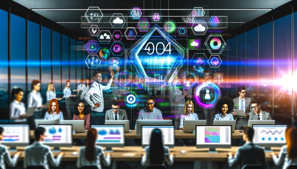 Dynamischer, moderner Arbeitsplatz mit junge Team, Hologramm-Datenvisualisierung, CRM-Analysen und KI-Symbolen auf der Titelseite des 404 Magazine
