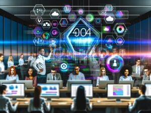 Dynamischer, moderner Arbeitsplatz mit junge Team, Hologramm-Datenvisualisierung, CRM-Analysen und KI-Symbolen auf der Titelseite des 404 Magazine