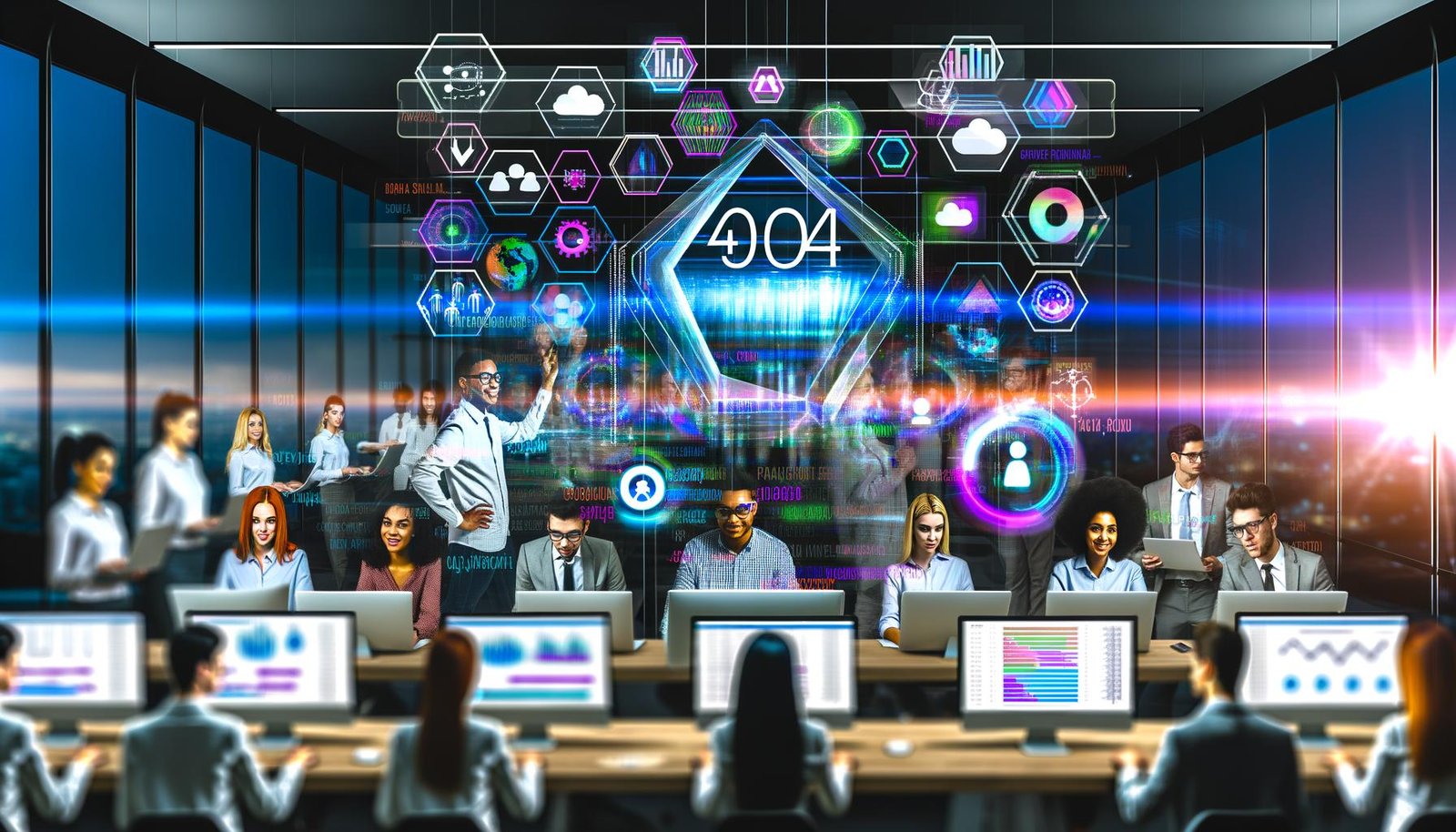 Dynamischer, moderner Arbeitsplatz mit junge Team, Hologramm-Datenvisualisierung, CRM-Analysen und KI-Symbolen auf der Titelseite des 404 Magazine