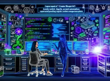 Entwickler bei der Erstellung eines individuellen Dashboards mit mehreren Monitoren, Code- und Datenanzeige im abgedunkelten Ambientelicht und Skizzen moderner Workflows