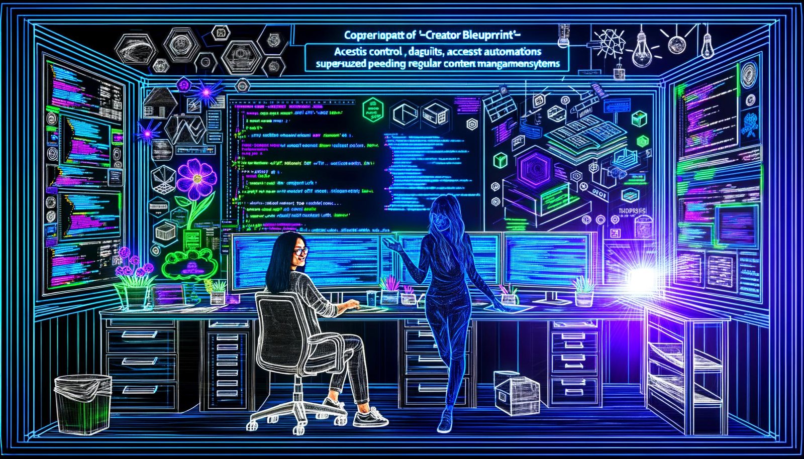 Entwickler bei der Erstellung eines individuellen Dashboards mit mehreren Monitoren, Code- und Datenanzeige im abgedunkelten Ambientelicht und Skizzen moderner Workflows