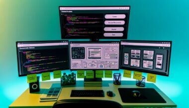 Moderner Entwicklerarbeitsplatz mit mehreren Bildschirmen, auf denen Codezeilen, Datenbankstrukturen und ein Backend-Dashboard mit kreativen Features wie Videoverwaltung und Mehrsprachigkeit angezeigt werden.