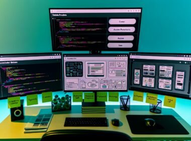 Moderner Entwicklerarbeitsplatz mit mehreren Bildschirmen, auf denen Codezeilen, Datenbankstrukturen und ein Backend-Dashboard mit kreativen Features wie Videoverwaltung und Mehrsprachigkeit angezeigt werden.