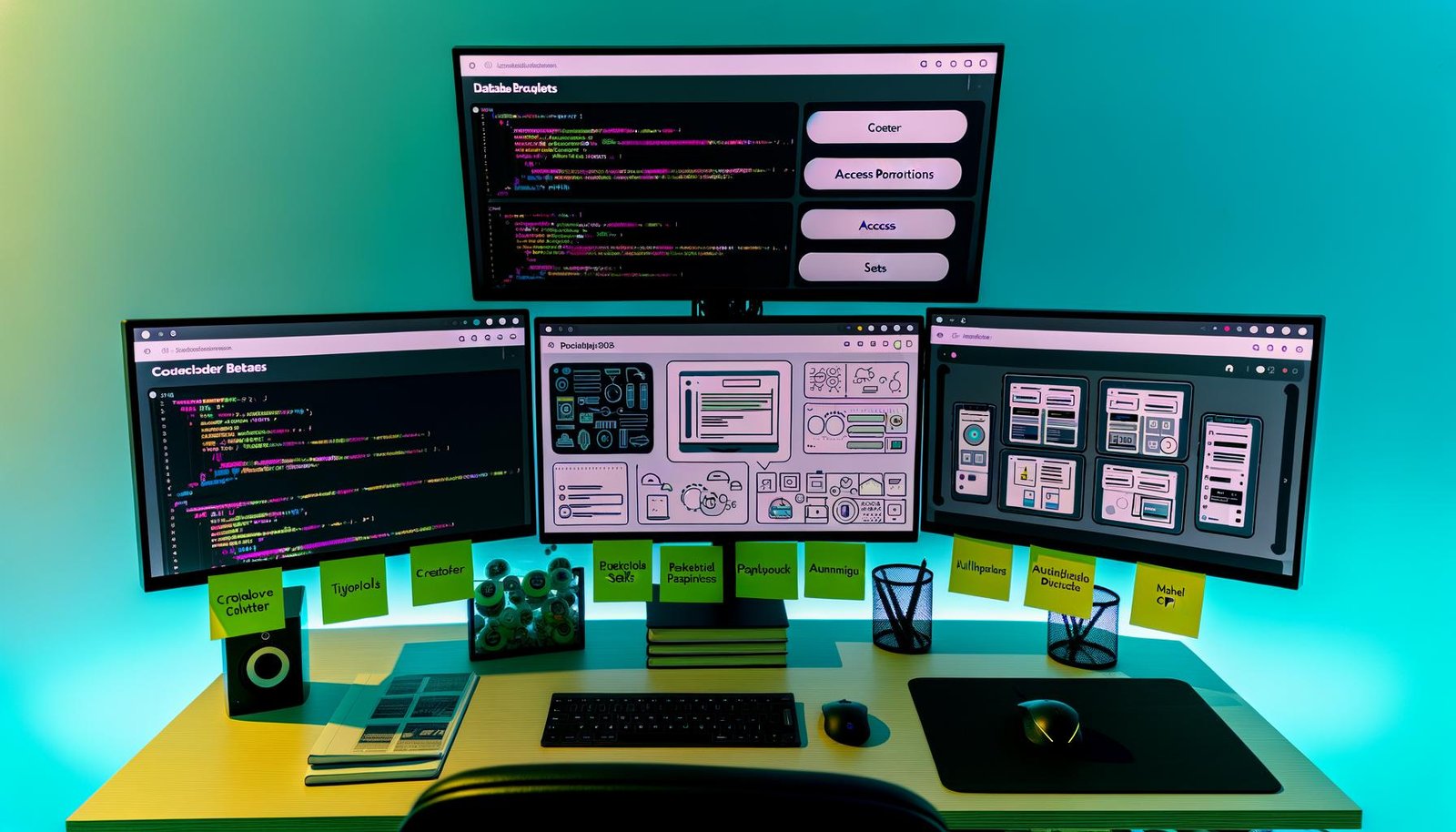 Moderner Entwicklerarbeitsplatz mit mehreren Bildschirmen, auf denen Codezeilen, Datenbankstrukturen und ein Backend-Dashboard mit kreativen Features wie Videoverwaltung und Mehrsprachigkeit angezeigt werden.