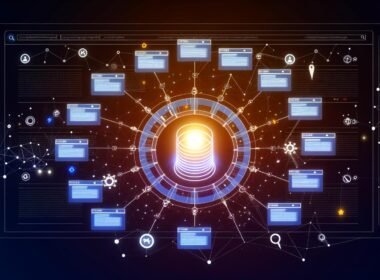 Editorial-Illustration einer digitalen Desktop-Website als Wissensnetzwerk mit zentraler Pillar-Page, verbundenen Satelliten-Seiten, sichtbaren Verlinkungen und stilisierten SEO-Elementen in Blau und Orange.