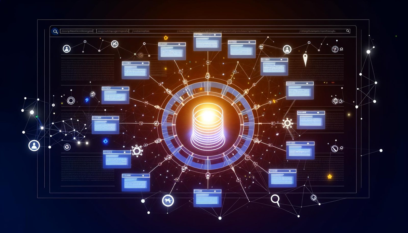 Editorial-Illustration einer digitalen Desktop-Website als Wissensnetzwerk mit zentraler Pillar-Page, verbundenen Satelliten-Seiten, sichtbaren Verlinkungen und stilisierten SEO-Elementen in Blau und Orange.