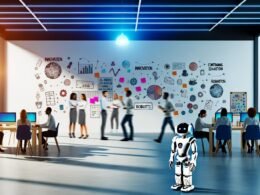 Menschen und humanoider Roboter arbeiten gemeinsam in einem modernen, hellen Büro. Während der Roboter Dateneingabe am Computer übernimmt, entwickeln Mitarbeitende kreative Ideen an einem Whiteboard und digitale Lösungen an Laptops.