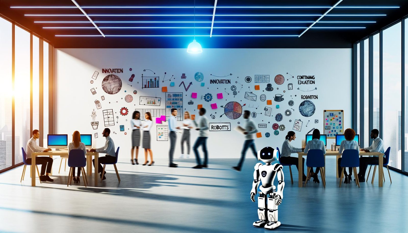 Menschen und humanoider Roboter arbeiten gemeinsam in einem modernen, hellen Büro. Während der Roboter Dateneingabe am Computer übernimmt, entwickeln Mitarbeitende kreative Ideen an einem Whiteboard und digitale Lösungen an Laptops.