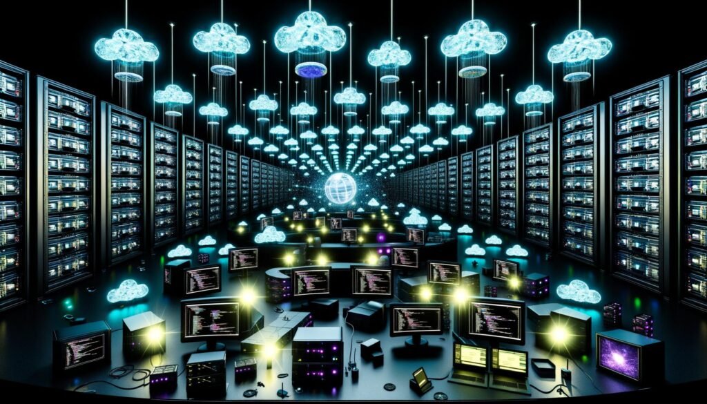 Cyberpunk Maschinenraum mit leuchtenden Payload CMS Containern, Node.js-Service-Architektur, vernetzt durch glühende API-Leitungen, umgeben von Datenbank-Clustern, Monitoring-Screens, Security-Shields und Mikroservices.