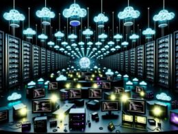 Cyberpunk Maschinenraum mit leuchtenden Payload CMS Containern, Node.js-Service-Architektur, vernetzt durch glühende API-Leitungen, umgeben von Datenbank-Clustern, Monitoring-Screens, Security-Shields und Mikroservices.