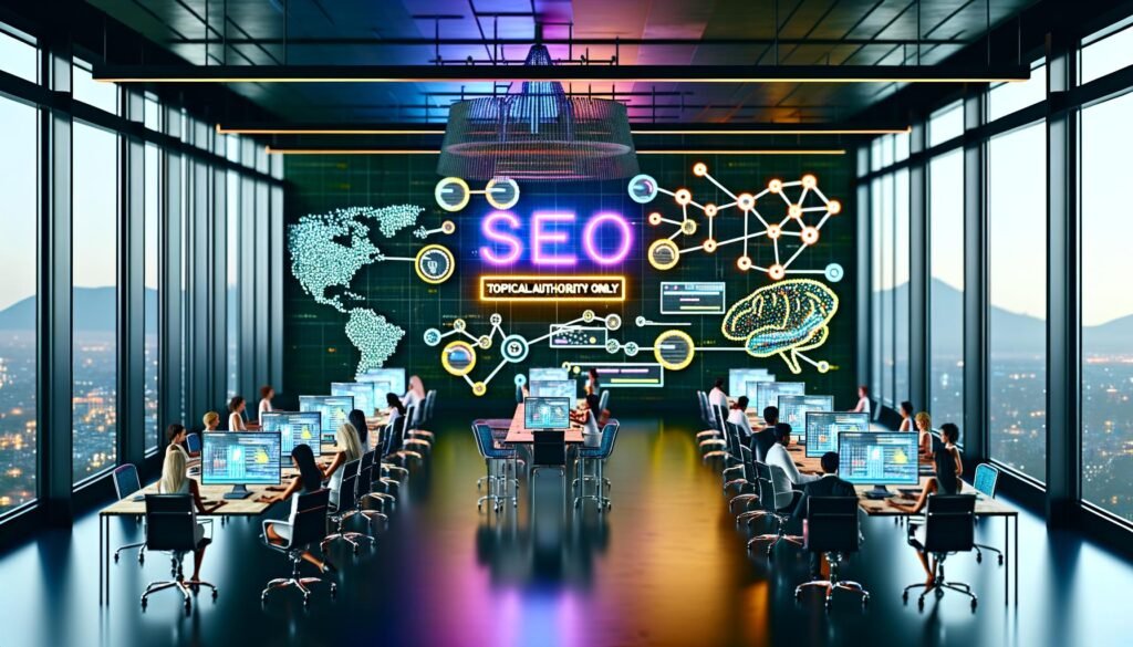 Ein futuristisch gestaltetes SEO-Großraumbüro mit leuchtenden Mindmaps, kooperierenden Experten an digitalen Bildschirmen und einem Neon-Schild mit der Aufschrift 'Topical Authority Only'.