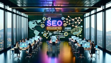 Ein futuristisch gestaltetes SEO-Großraumbüro mit leuchtenden Mindmaps, kooperierenden Experten an digitalen Bildschirmen und einem Neon-Schild mit der Aufschrift 'Topical Authority Only'.