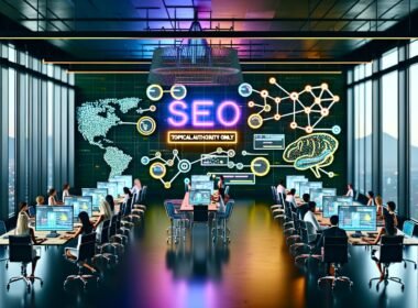 Ein futuristisch gestaltetes SEO-Großraumbüro mit leuchtenden Mindmaps, kooperierenden Experten an digitalen Bildschirmen und einem Neon-Schild mit der Aufschrift 'Topical Authority Only'.