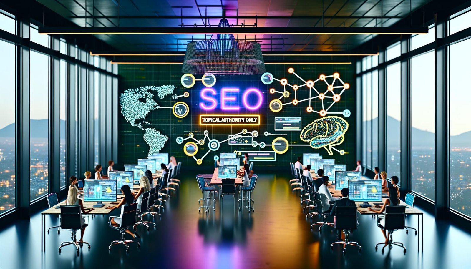 Ein futuristisch gestaltetes SEO-Großraumbüro mit leuchtenden Mindmaps, kooperierenden Experten an digitalen Bildschirmen und einem Neon-Schild mit der Aufschrift 'Topical Authority Only'.
