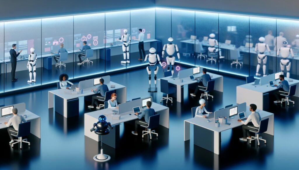 Futuristisches Großraumbüro mit Menschen an Laptops, humanoiden Robotern, Chatbots und digitalen Dashboards in harmonischer Zusammenarbeit.
