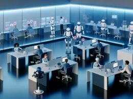 Futuristisches Großraumbüro mit Menschen an Laptops, humanoiden Robotern, Chatbots und digitalen Dashboards in harmonischer Zusammenarbeit.