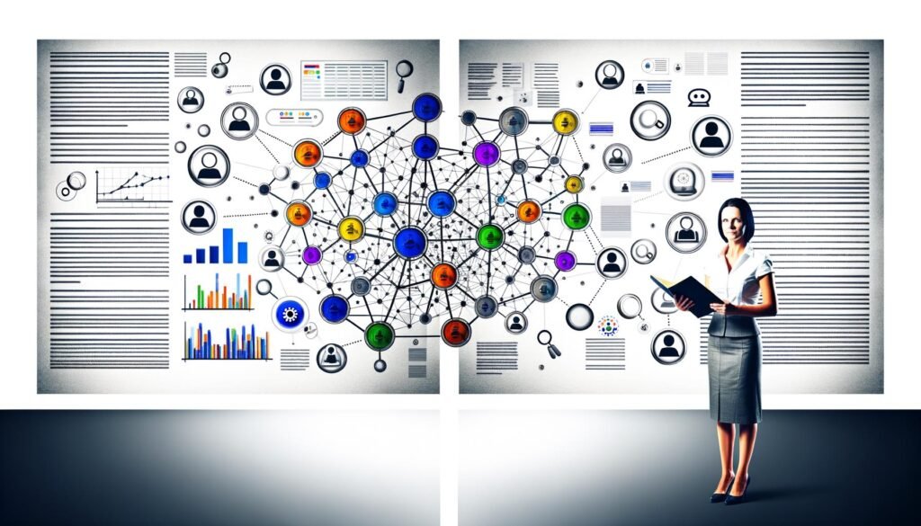 Moderne Magazin-Doppelseite mit stilisiertem Wissensnetzwerk, farblich hervorgehobenen Clustern, SEO-Symbolen, Google- und Monitoring-Icons sowie zwei Expert:innen, die das Netzwerk aufbauen.
