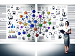 Moderne Magazin-Doppelseite mit stilisiertem Wissensnetzwerk, farblich hervorgehobenen Clustern, SEO-Symbolen, Google- und Monitoring-Icons sowie zwei Expert:innen, die das Netzwerk aufbauen.