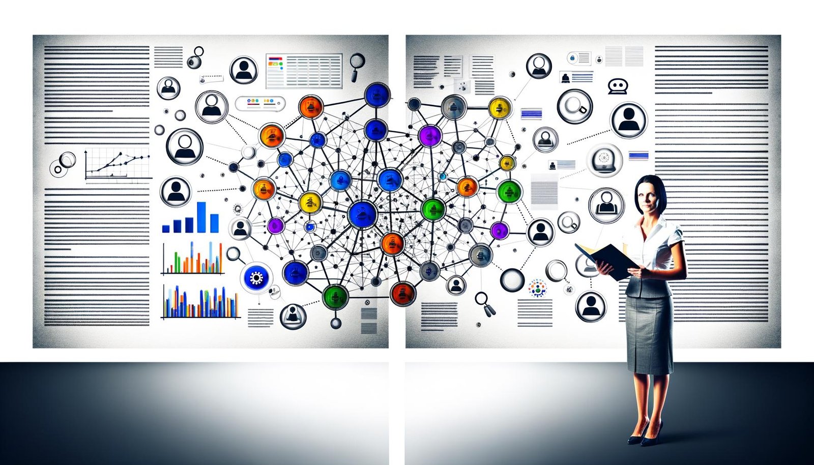 Moderne Magazin-Doppelseite mit stilisiertem Wissensnetzwerk, farblich hervorgehobenen Clustern, SEO-Symbolen, Google- und Monitoring-Icons sowie zwei Expert:innen, die das Netzwerk aufbauen.