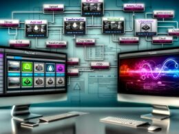 Zwei Bildschirme mit Payload CMS: Links eine Übersicht digitaler Assets mit Thumbnails und Metadaten, rechts ein API-Workflow. Im Vordergrund digitale Dateien in automatisierten Verarbeitungsschritten von Upload bis Deployment, symbolisiert durch Icons und farbige Flüsse.