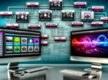 Zwei Bildschirme mit Payload CMS: Links eine Übersicht digitaler Assets mit Thumbnails und Metadaten, rechts ein API-Workflow. Im Vordergrund digitale Dateien in automatisierten Verarbeitungsschritten von Upload bis Deployment, symbolisiert durch Icons und farbige Flüsse.