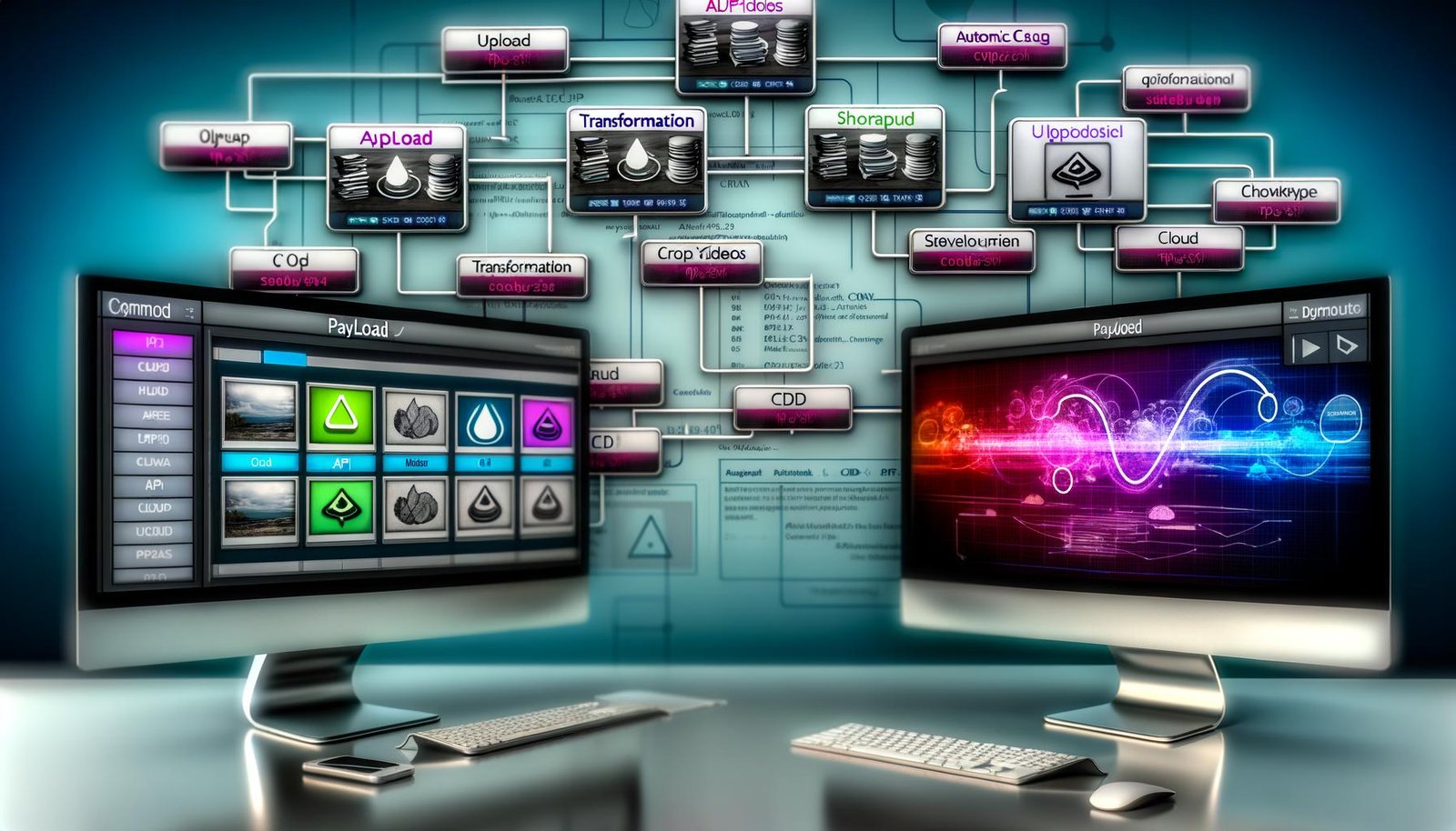 Zwei Bildschirme mit Payload CMS: Links eine Übersicht digitaler Assets mit Thumbnails und Metadaten, rechts ein API-Workflow. Im Vordergrund digitale Dateien in automatisierten Verarbeitungsschritten von Upload bis Deployment, symbolisiert durch Icons und farbige Flüsse.