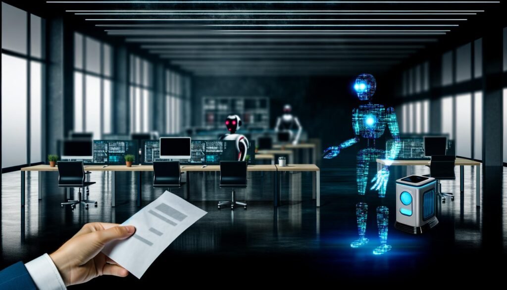 Eine besorgte Hand hält ein Kündigungsschreiben in einem verwaisten, modernen Großraumbüro, während humanoide Roboter und KI-Netzwerke Aufgaben übernehmen.